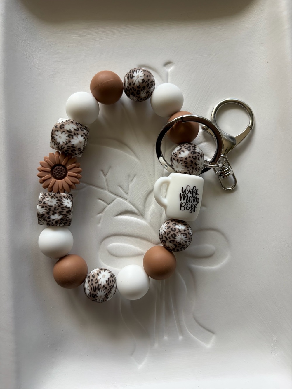 Wife Mom Boss Brown & White Beaded Keyring Wristlet